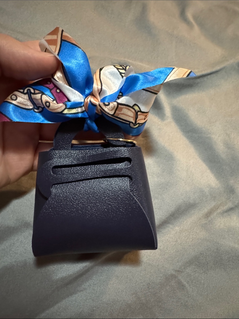 Navy Mini Purse Charm with Blue Patterned Scarf